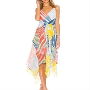 Tanya Taylor Goldie Striped Colorblock Patchwork V-Neck Handkerchief Midi Dress